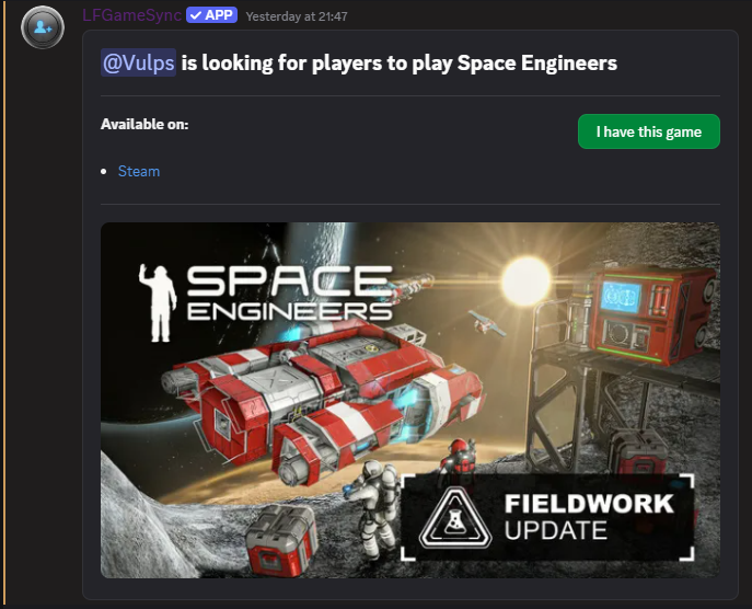 Example of an LFG post created by the bot
